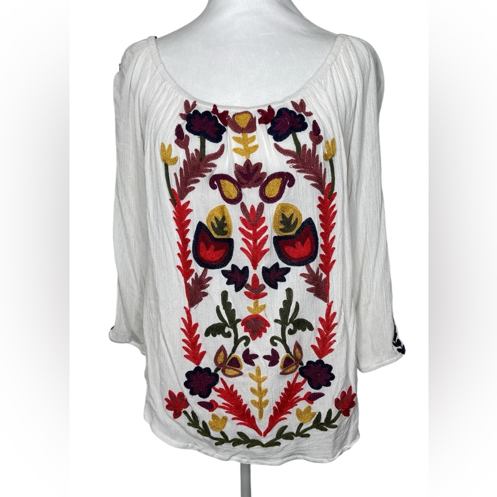 Solitaire Multicolor Embroidered Boho Peasant Spring Summer Resort Blouse Lg - Picture 2 of 13